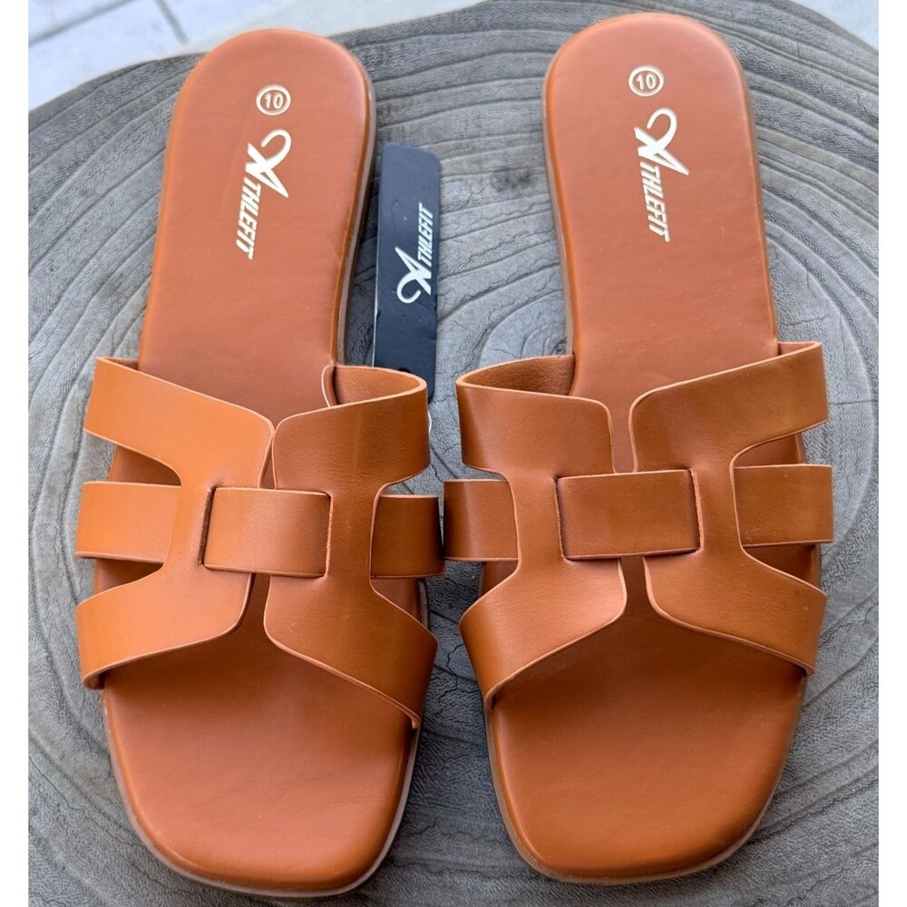 Athlefit H-Band Slide Sandal Womens SZ 10 Brown Cutout Vegan Leather